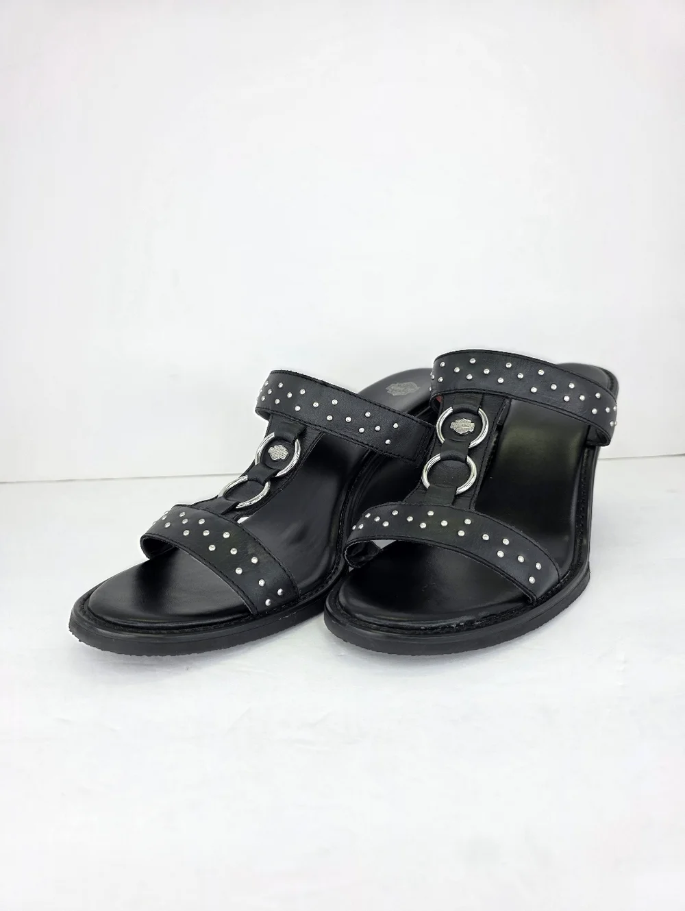 Harley Davidson Monica Women's Black‎ Double Strap Silver Wedge Sandals Size 10M